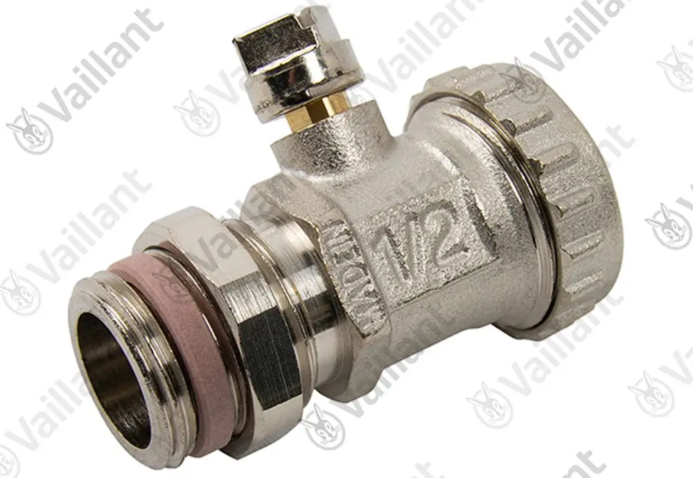 Vaillant Ventil mit Anschluss für Entleerung, aus Metall mit Gummi-Dichtung. Geeignet für Anwendungen mit einem Druck von bis zu 10 bar.